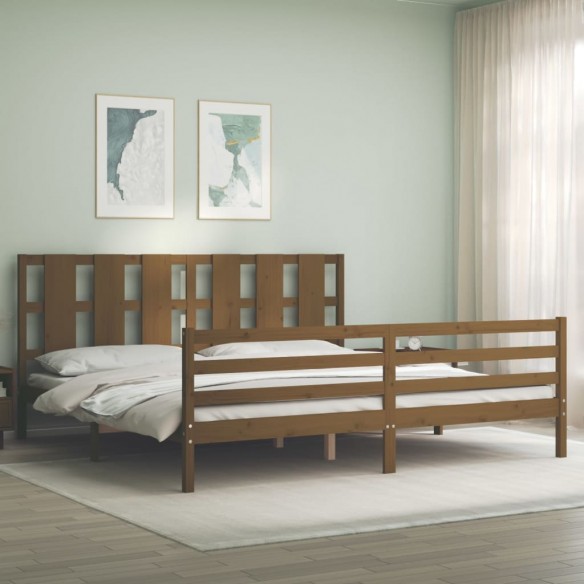 Lit avec tête de lit marron miel 200x200cm bois massif