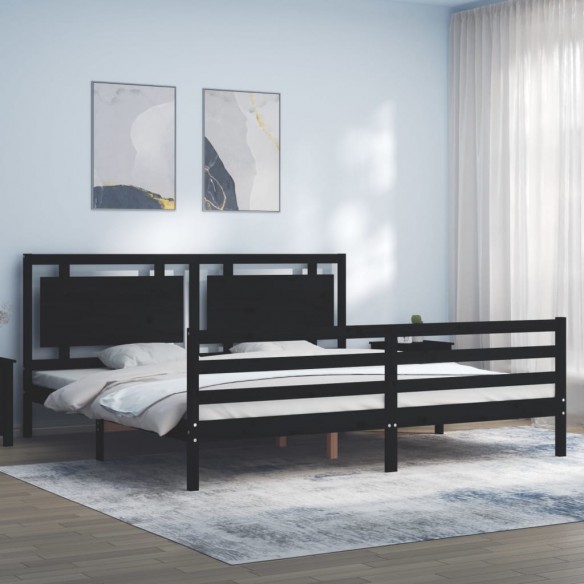 Lit avec tête de lit noir 200x200 cm bois massif