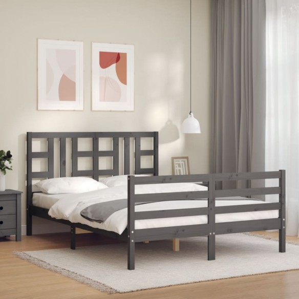 Lit avec tête de lit gris 140x190 cm bois massif