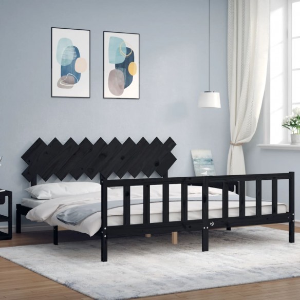 Lit avec tête de lit noir 200x200 cm bois massif