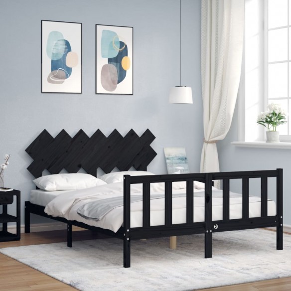 Lit avec tête de lit noir 140x190 cm bois massif