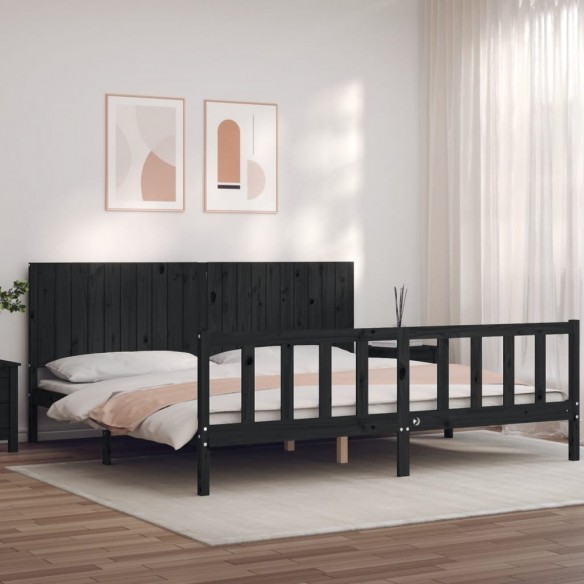 Lit avec tête de lit noir 200x200 cm bois massif