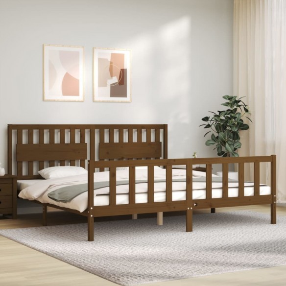 Lit avec tête de lit marron miel 200x200cm bois massif