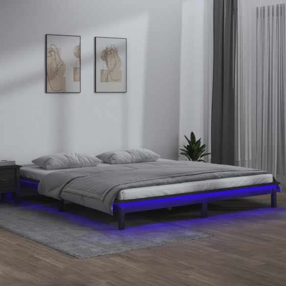 Lit à LED gris 135x190 cm double bois massif