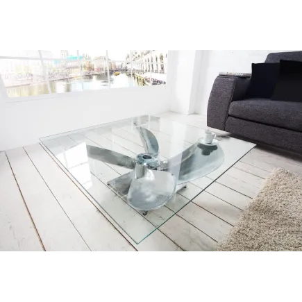 Table basse design hélice en verre transparent  et en aluminium 2