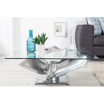 Table basse design hélice en verre transparent  et en aluminium