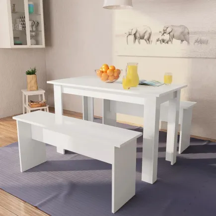 Table de salle à manger et bancs 3 pcs  Blanc