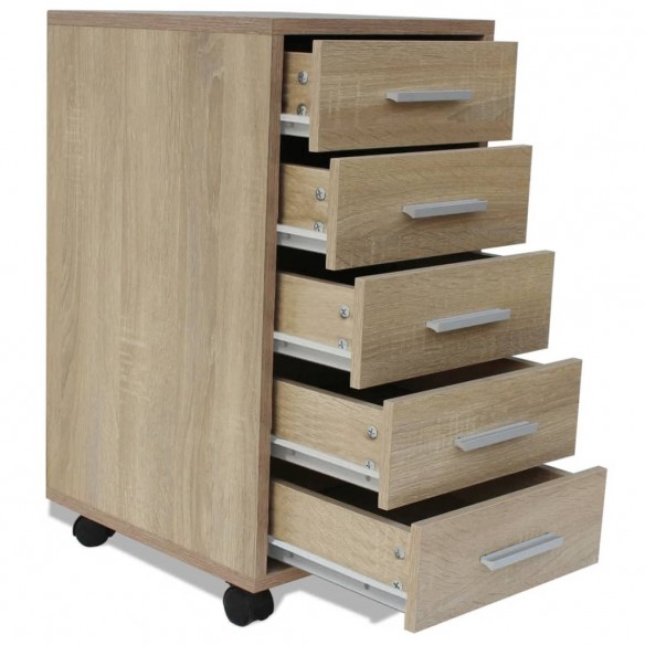 Caisson à tiroir de bureau avec roulettes 5 tiroirs Chêne Caisson à tiroir de bureau avec roulettes 5 tiroirs Chêne