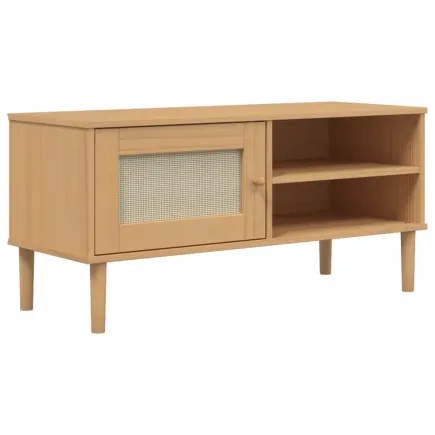Meuble TV SENJA aspect rotin marron 106x40x49cm bois massif pin 2