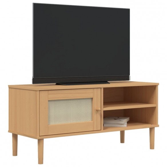 Meuble TV SENJA aspect rotin marron 106x40x49cm bois massif pin Meuble TV SENJA aspect rotin marron 106x40x49cm bois massif pin
