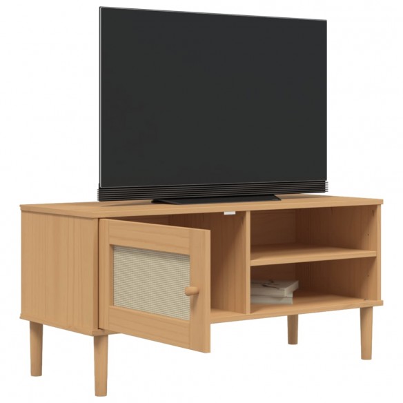 Meuble TV SENJA aspect rotin marron 106x40x49cm bois massif pin Meuble TV SENJA aspect rotin marron 106x40x49cm bois massif pin