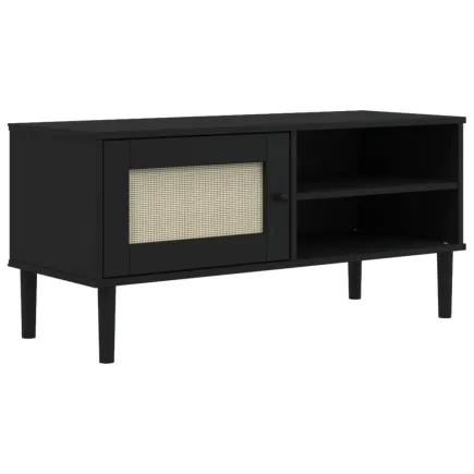 Meuble TV SENJA aspect rotin noir 106x40x49cm bois massif pin 2