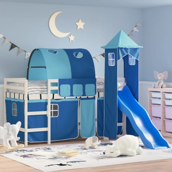 Lit mezzanine enfants avec tour bleu 90x200 cm bois pin massif