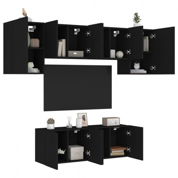 Unités murales TV 6 pcs noir bois d'ingénierie
