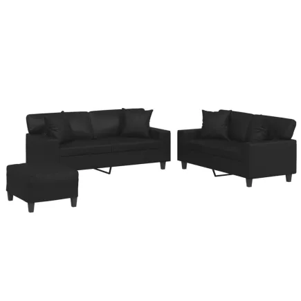 Ensemble de canapés 3 pcs avec coussins noir similicuir 2