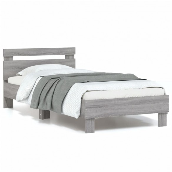 Lit tête de lit et lumières LED sonoma gris 90x200 cm