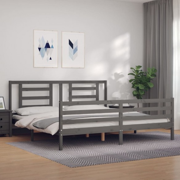 Lit avec tête de lit gris 200x200 cm bois massif