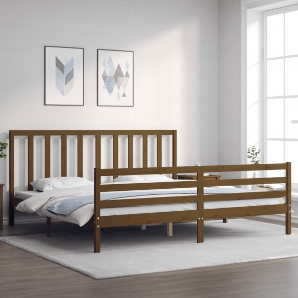 Lit avec tête de lit marron miel 200x200cm bois massif