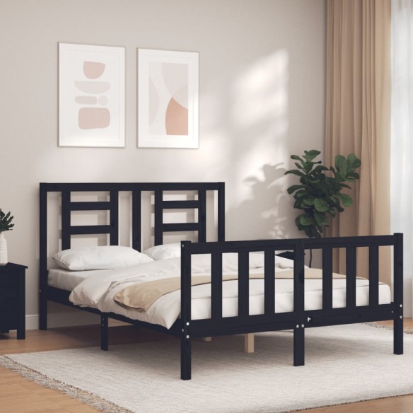 Lit avec tête de lit noir 140x190 cm bois massif