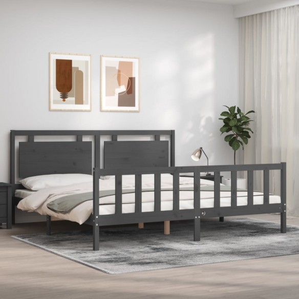 Lit avec tête de lit gris 200x200 cm bois massif