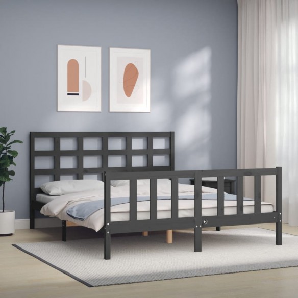 Lit avec tête de lit gris King Size bois massif