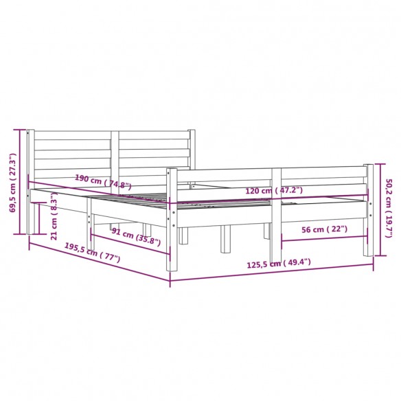Lit Gris Bois massif 120x190 cm Petit double