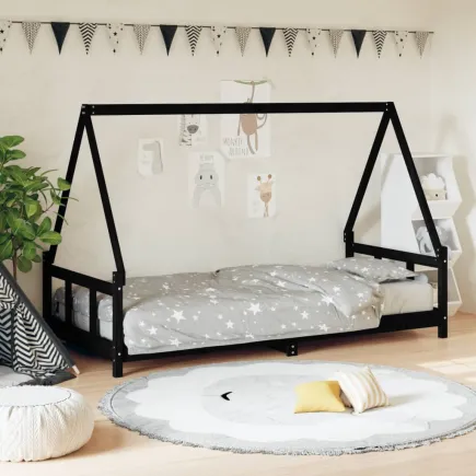 Lit pour enfants noir 90x200 cm bois de pin massif