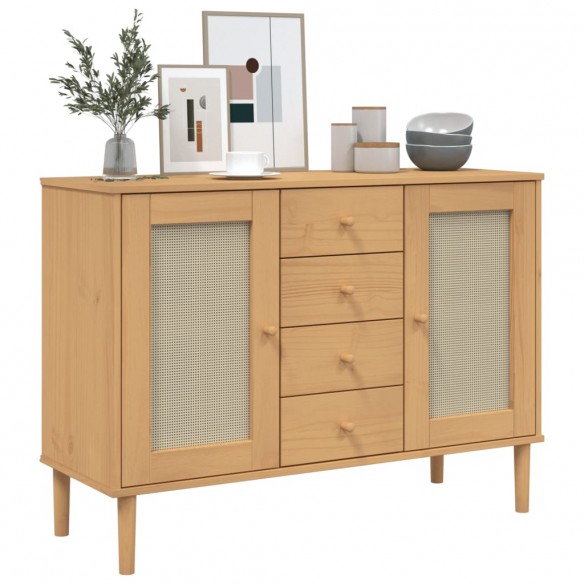 Buffet SENJA aspect rotin marron 112x40x80cm bois massif de pin Buffet SENJA aspect rotin marron 112x40x80cm bois massif de pin