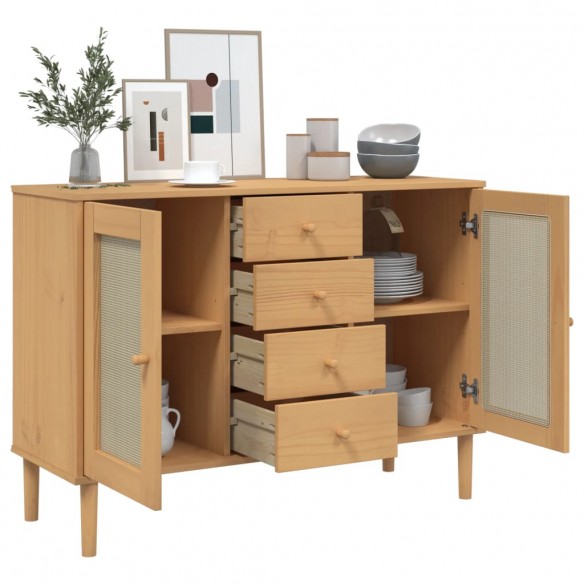 Buffet SENJA aspect rotin marron 112x40x80cm bois massif de pin Buffet SENJA aspect rotin marron 112x40x80cm bois massif de pin