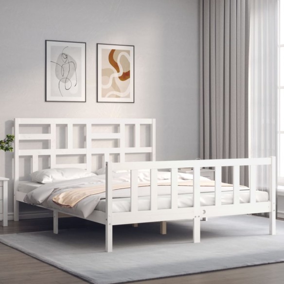 Lit avec tête de lit blanc King Size bois massif