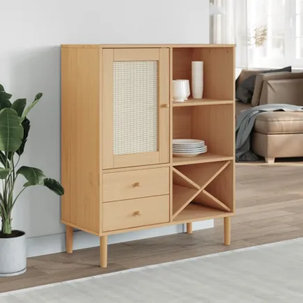 Buffet SENJA aspect rotin marron 90x40x112cm bois massif de pin 2