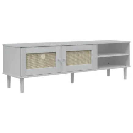 Meuble TV SENJA aspect rotin blanc 158x40x49cm bois massif pin 2