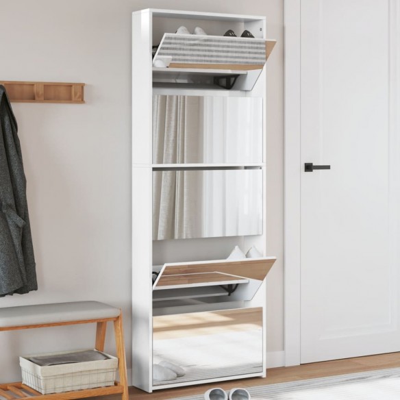 Armoire chaussures miroir 5niveaux blanc brillant 63x17x169,5cm