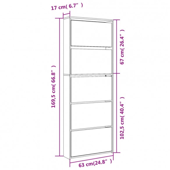 Armoire chaussures miroir 5niveaux blanc brillant 63x17x169,5cm