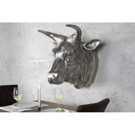 Trophée mural 65 cm en tête de taureau en aluminium argenté