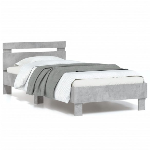 Lit tête de lit et lumières LED gris béton 90x200 cm