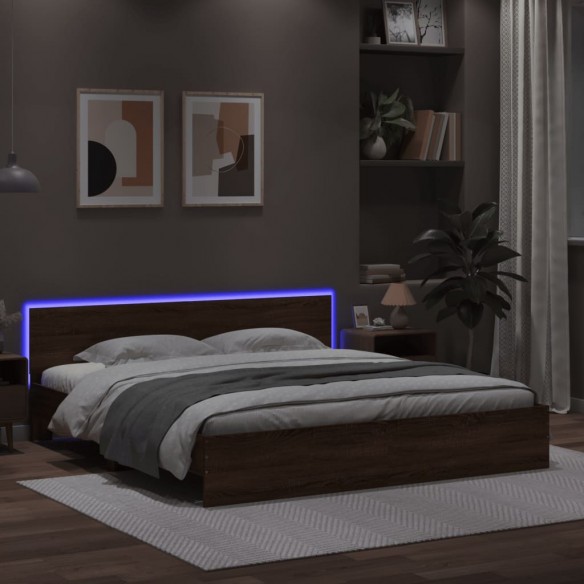 Lit avec tête de lit et LED chêne marron 200x200 cm
