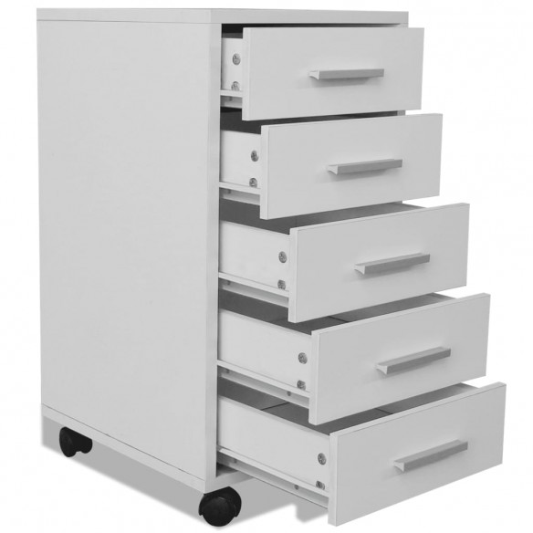 Caisson à tiroir de bureau avec roulettes et 5 tiroirs blanc Caisson à tiroir de bureau avec roulettes et 5 tiroirs blanc