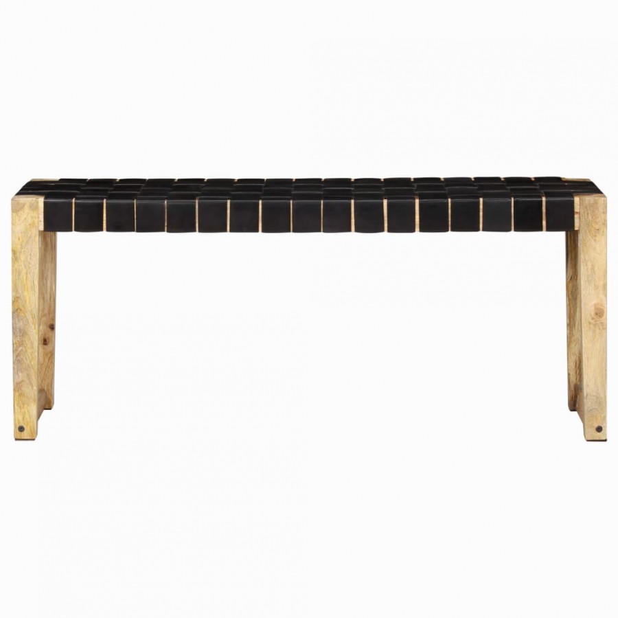 Banc 110 cm Noir Cuir véritable et bois de manguier massif