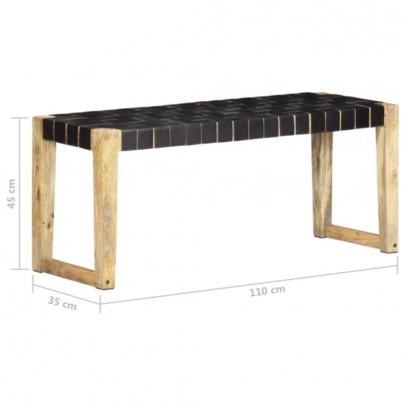 Banc 110 cm Noir Cuir véritable et bois de manguier massif