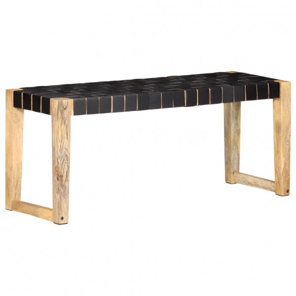 Banc 110 cm Noir Cuir véritable et bois de manguier massif