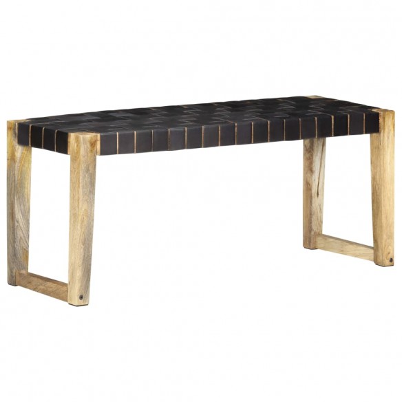 Banc 110 cm Noir Cuir véritable et bois de manguier massif