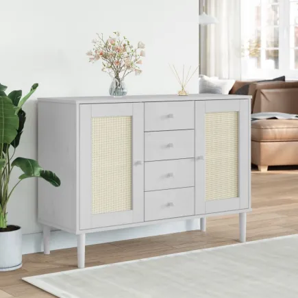 Buffet SENJA aspect rotin blanc 112x40x80cm bois massif de pin 2