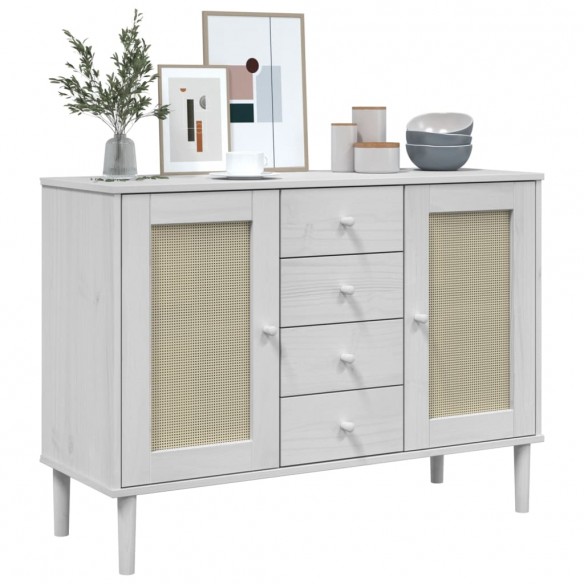 Buffet SENJA aspect rotin blanc 112x40x80cm bois massif de pin Buffet SENJA aspect rotin blanc 112x40x80cm bois massif de pin