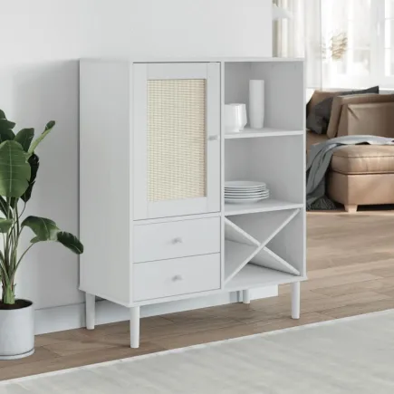 Buffet SENJA aspect rotin blanc 90x40x112cm bois massif de pin 2