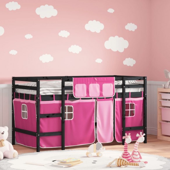 Lit mezzanine enfants et rideaux rose 80x200cm bois pin massif