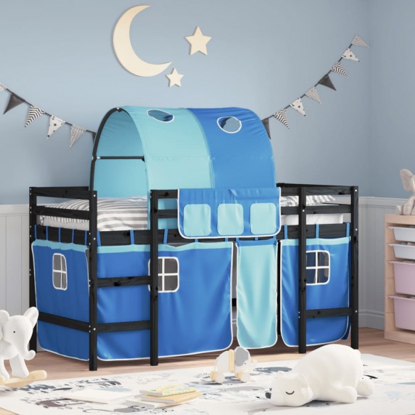Lit mezzanine enfants avec tunnel bleu 80x200cm bois pin massif