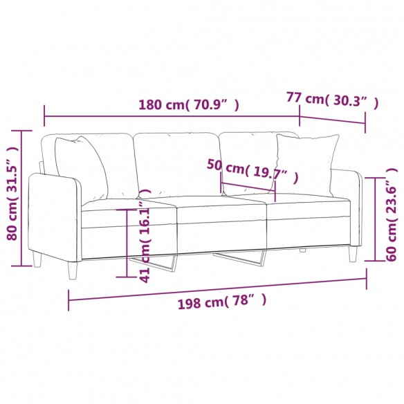 Canapé 3 places avec oreillers décoratifs bordeaux 180 cm tissu