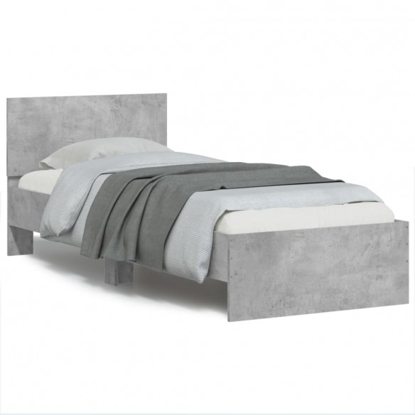 Lit tête de lit et lumières LED gris béton 90x200 cm