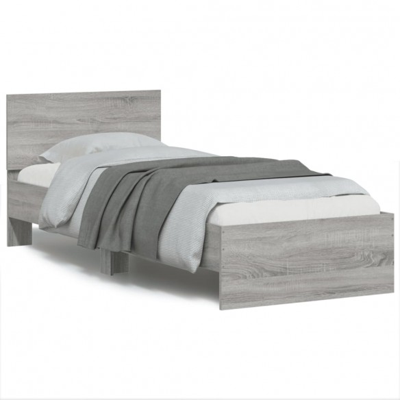 Lit tête de lit et lumières LED sonoma gris 90x190 cm